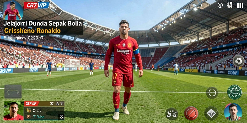 Screenshot gameplay CR7VIP menampilkan aksi seru di lapangan sepak bola.