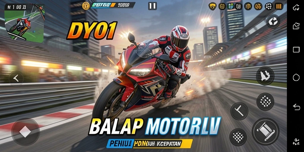Tampilan gameplay balap motor dengan kecepatan tinggi dan trek yang menantang.