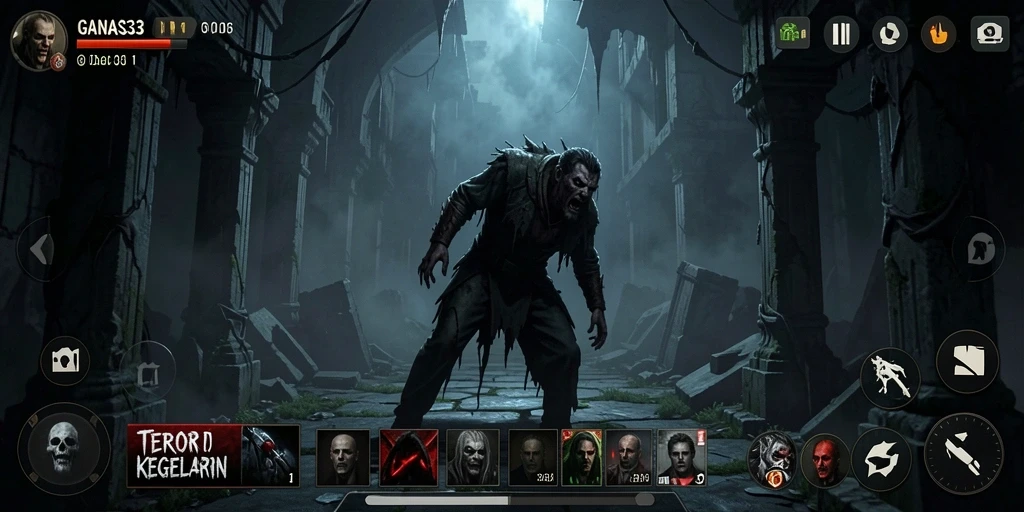 Tampilan gameplay menyeramkan di GANAS33, penuh ketakutan dan misteri.
