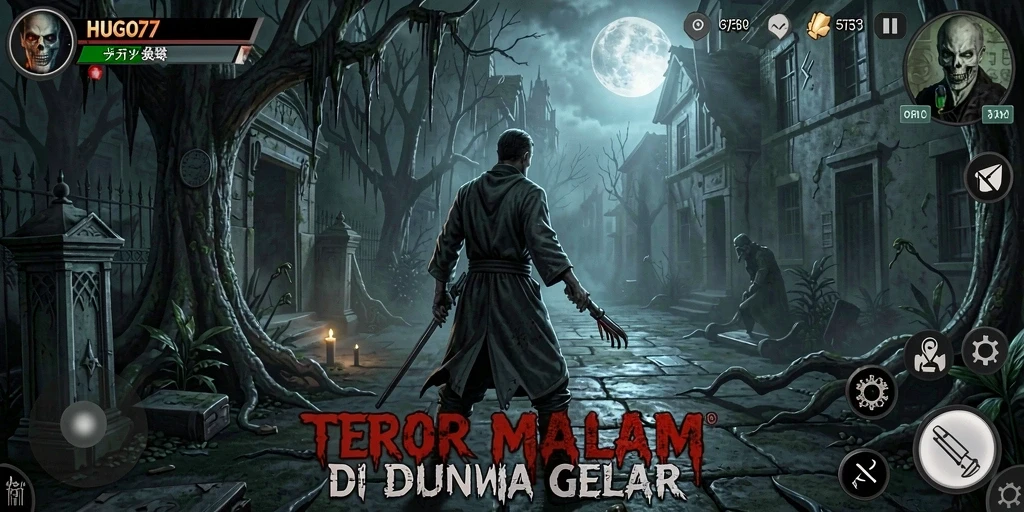 Screenshot gameplay HUGO77 menampilkan suasana mencekam dan makhluk menyeramkan.