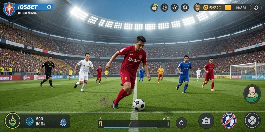 Screenshot gameplay IOSBET yang menampilkan aksi intens di lapangan sepak bola.