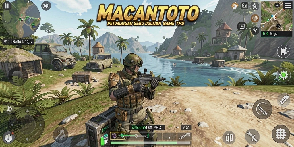 Screenshot utama MACANTOTO menampilkan aksi tembak-menembak yang seru dalam game TPS.