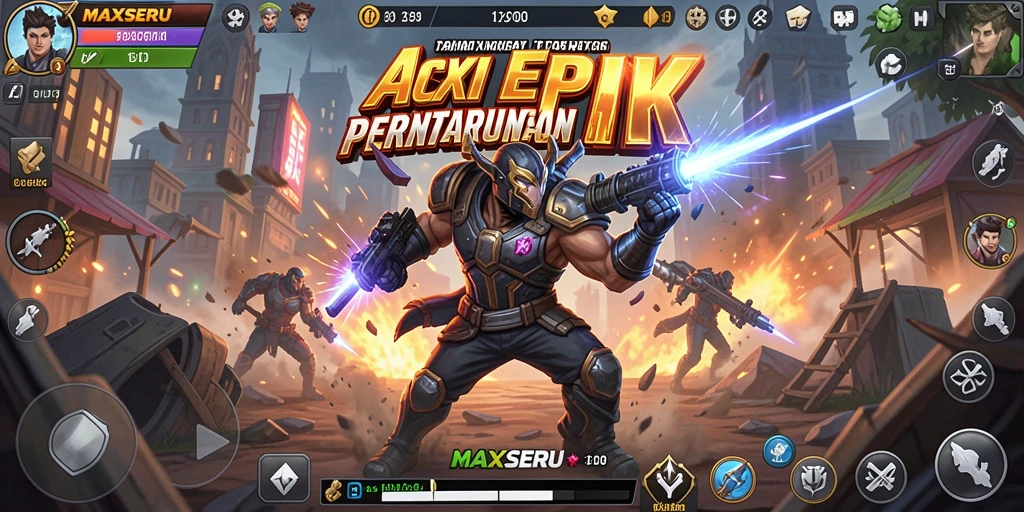 Tangkapan layar gameplay <strong>MAXSERU</strong> yang menunjukkan pertarungan intens dan strategi aksi.