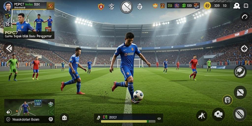 Screenshot utama PCPC7 menampilkan aksi seru di lapangan sepak bola.