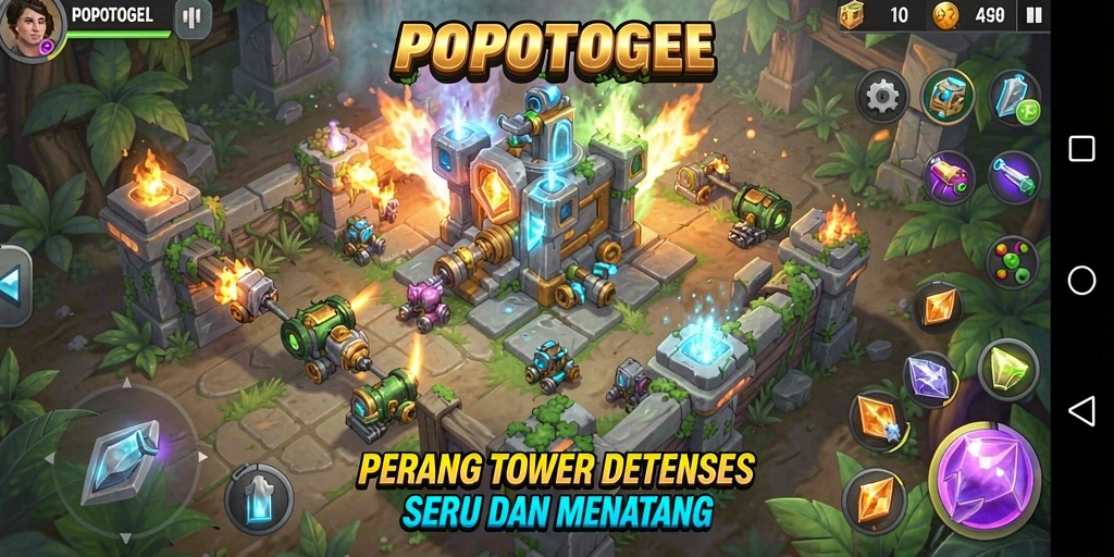 Tampilan gameplay seru dalam game Tower Defense POPOTOGEL.