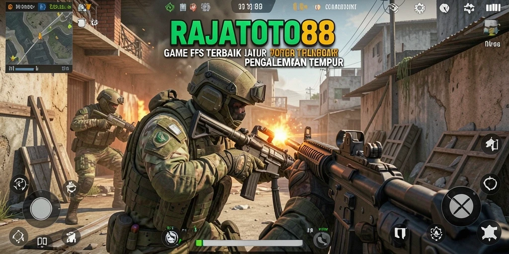 Tampilan dinamis dan intens dari gameplay <strong>RAJATOTO88</strong> di battlefield FPS.
