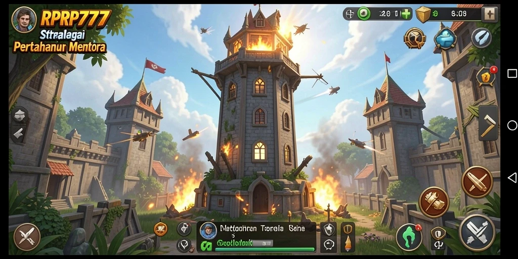 Screenshot gameplay RPRP777 menunjukkan aksi pertahanan menara yang mendebarkan.