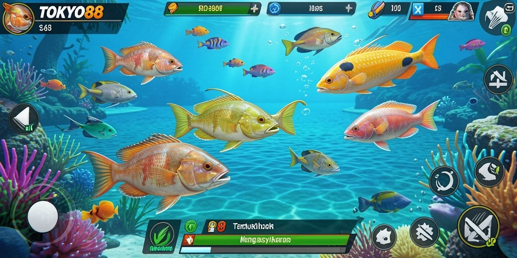 Screenshot menunjukkan aksi seru saat menembak ikan dalam TOKYO88.
